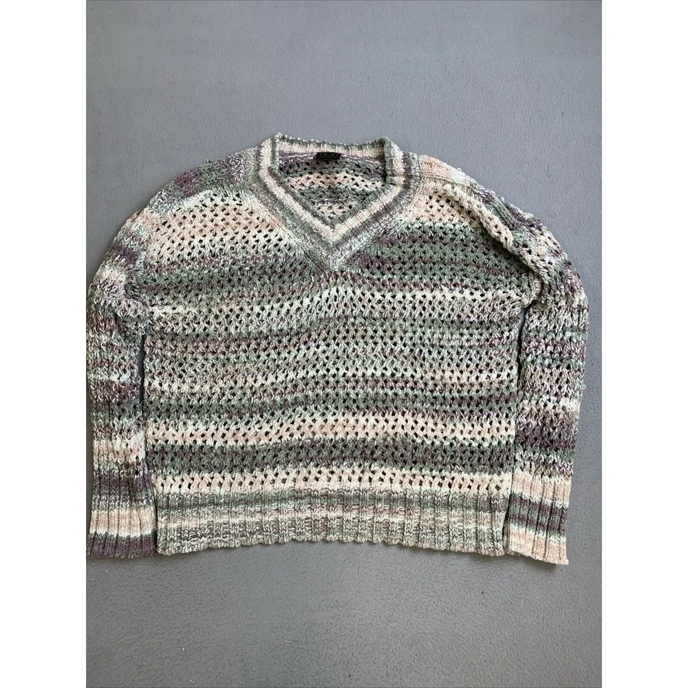 MOD Lusive Sweater Womens Large Purple Green Striped Chunky Knit Pullover V Neck